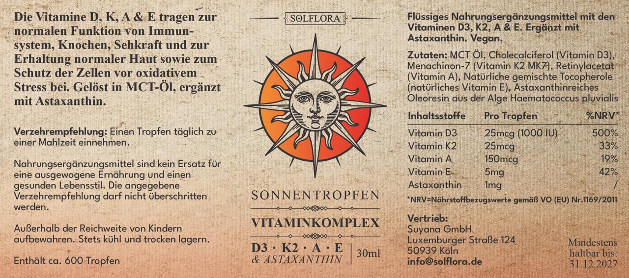 Vitamin D3/K2/A/E + Astaxanthin Tropfen - Vegan (30 ml)